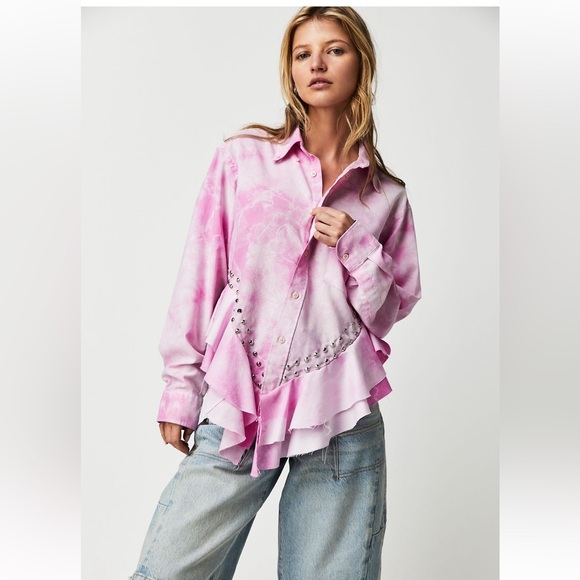 Tricia Fix Tops - Free People Tricia Fix Heart Washed Top Ruffle Studded Pink Tye Dye